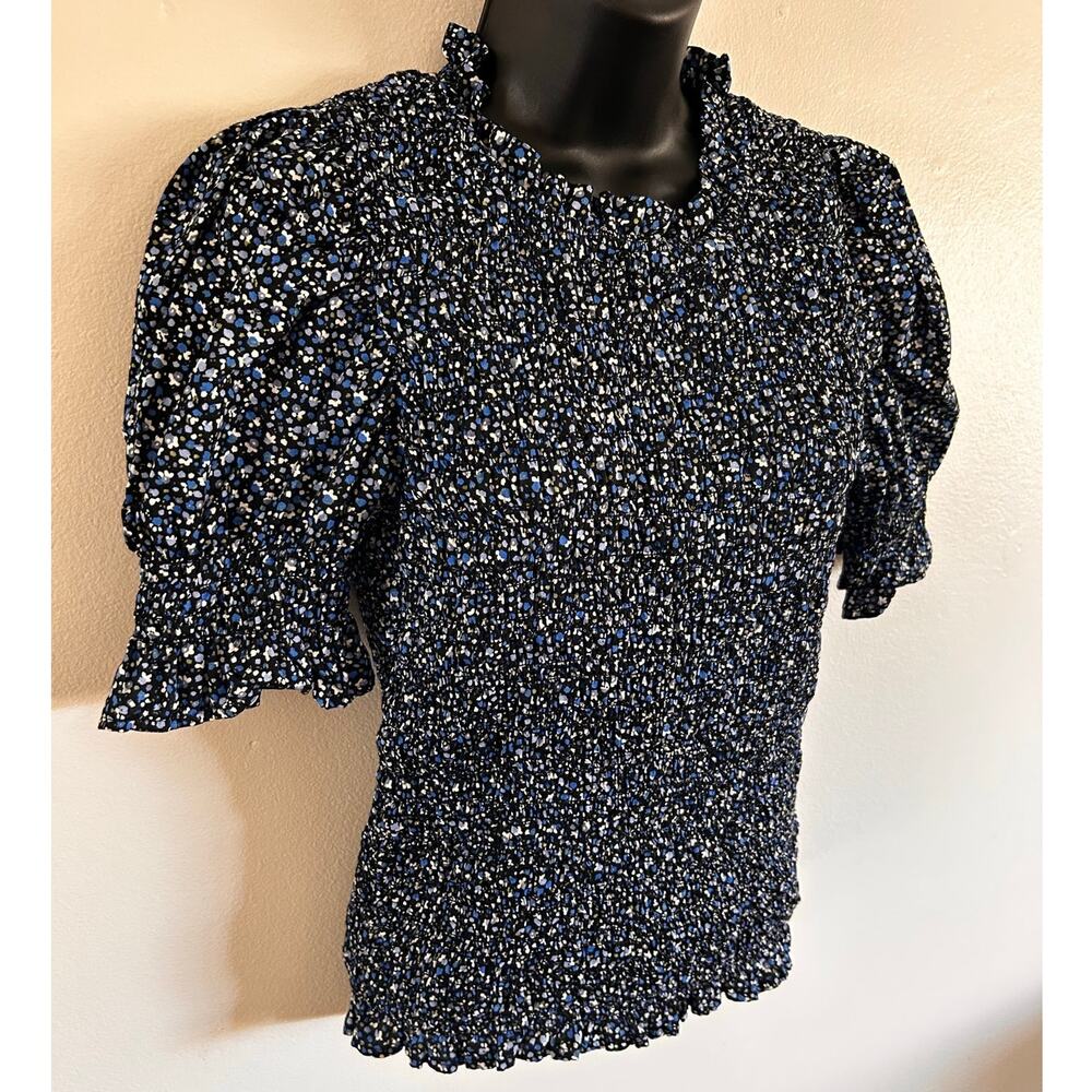 Gap Smocked Floral Puff Sleeve Blouse Small Black Blue Cotton Cottagecore Top